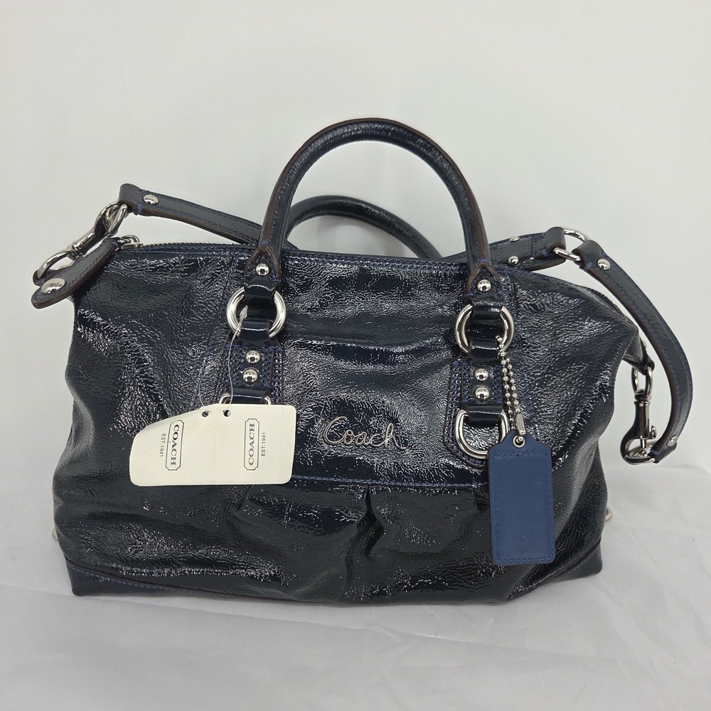 Coach F15455 Ashley Patent Leather Satchel Handbag Dark Blue NWT
